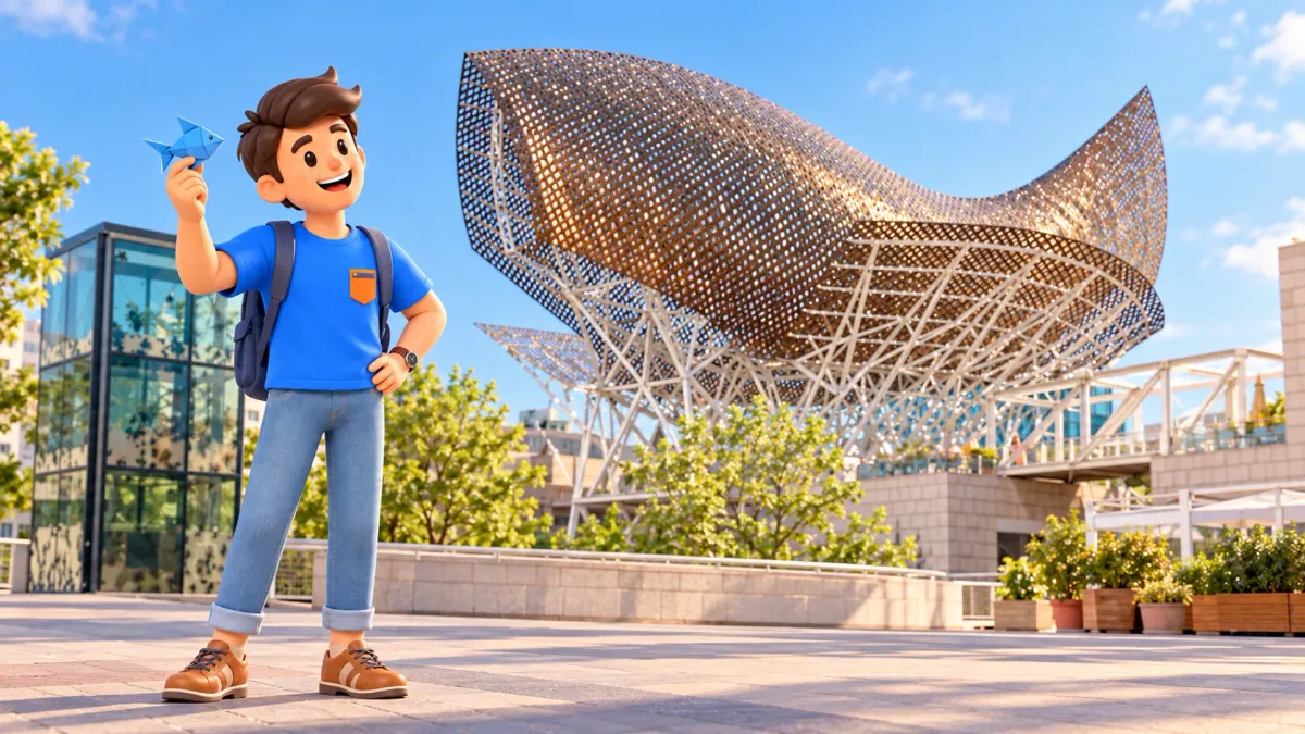 Illustration d’un voyageur avec son poisson en papier devant la grande sculpture Peix en treillis métallique de Frank Gehry.