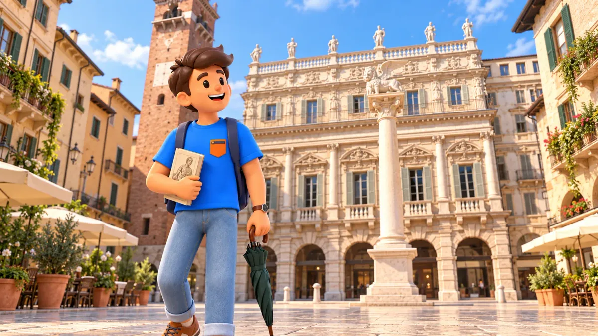 Voyageur avec un guide d’art et un parapluie devant le Palazzo Maffei à Vérone