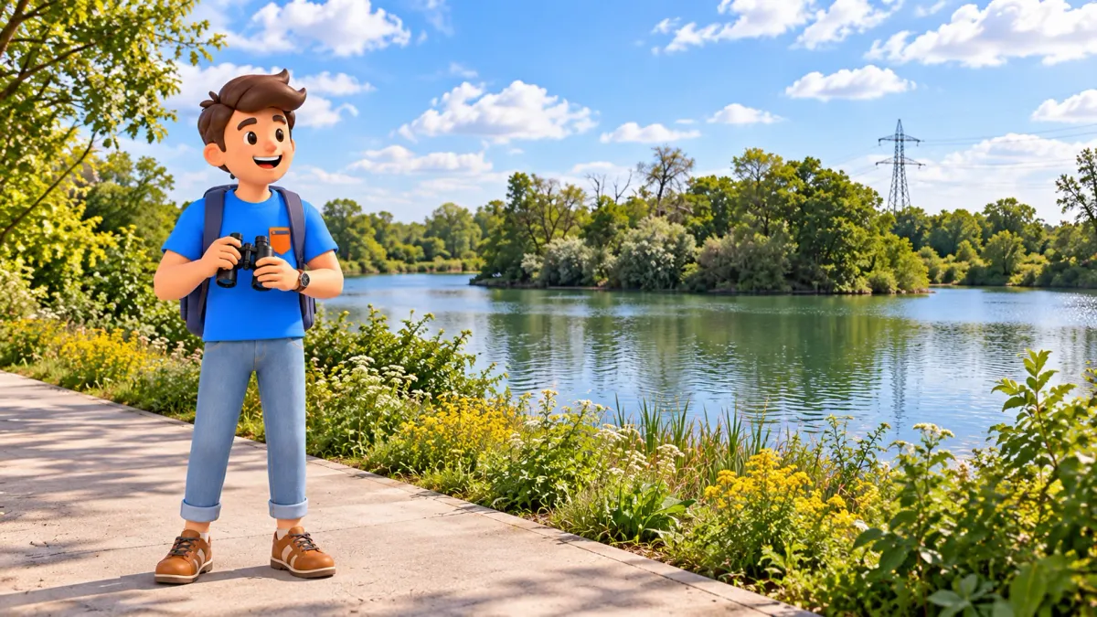 Illustration of a traveller holding binoculars on a path by a reservoir inspired by Walthamstow Wetlands
