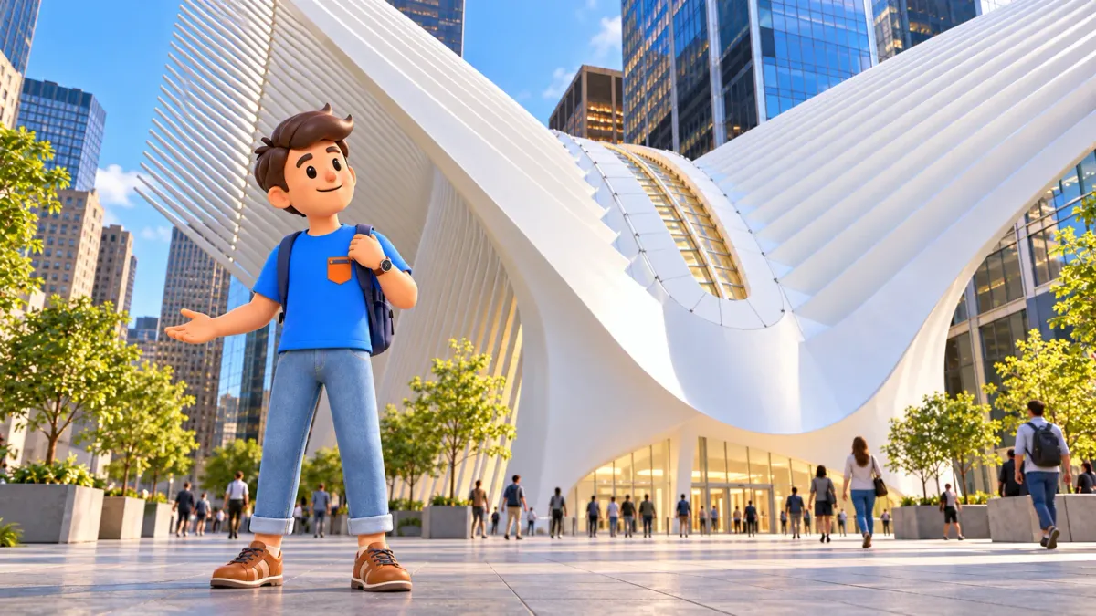 Un voyageur observe calmement les côtes blanches de l’Oculus depuis la place.