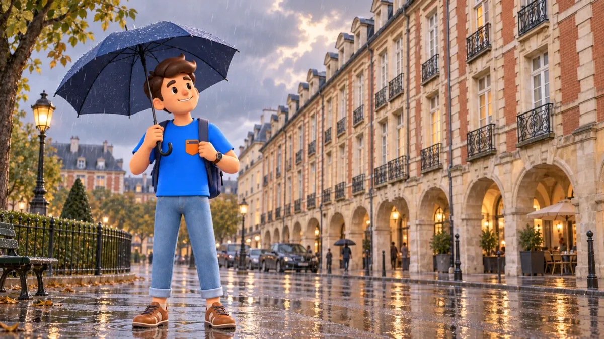 Mascot holding an open umbrella on a wet pavement beside Place des Vosges arcades