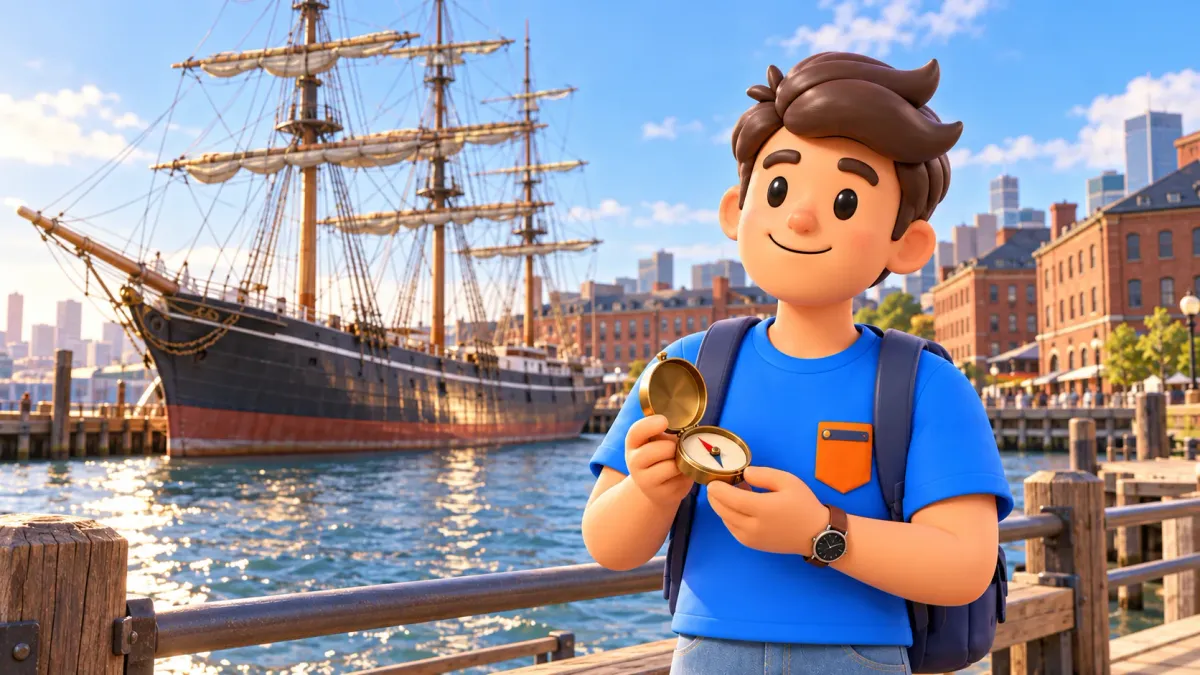 Voyageur tenant sa boussole devant une illustration de voilier historique au Seaport.