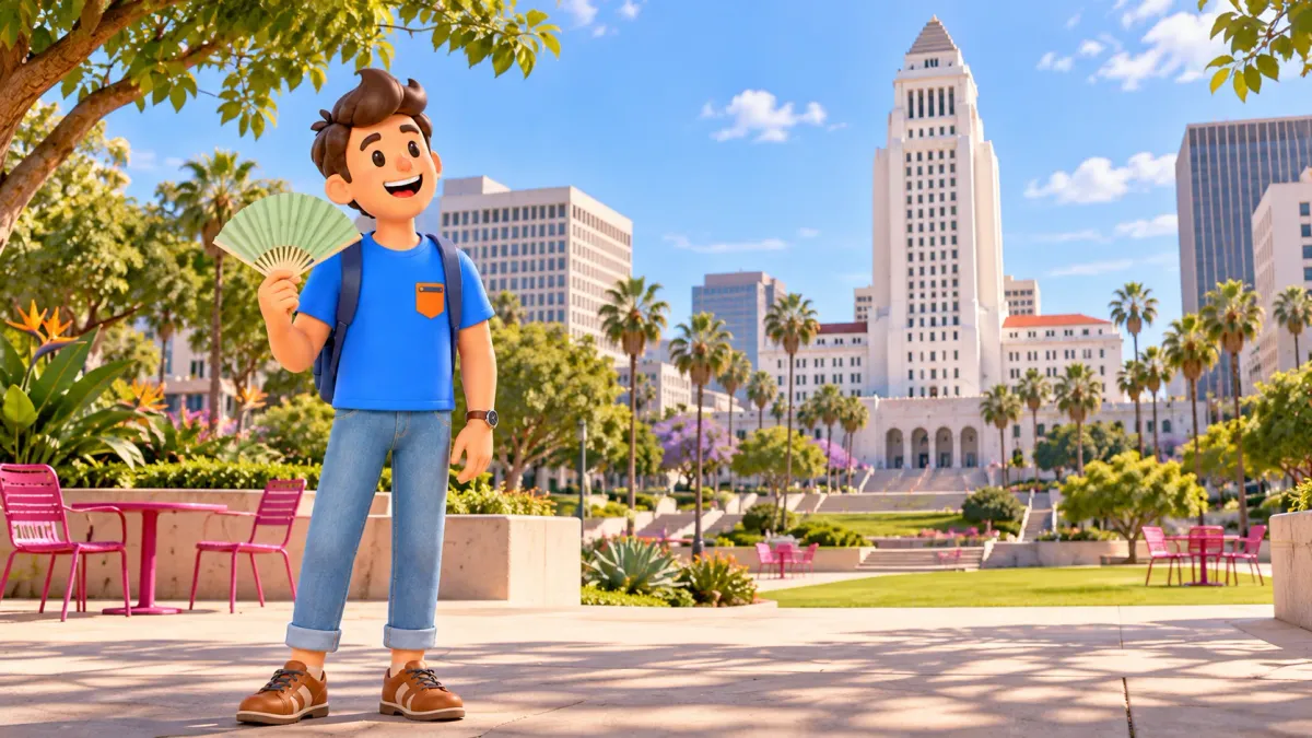 A traveler with a folding fan looks towards the City Hall tower from a park, in an illustration.