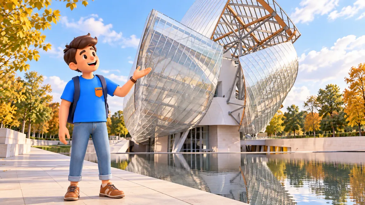 Traveler admiring the glass sails of Fondation Louis Vuitton from a dry path beside the reflecting basin