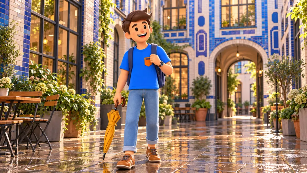 Illustration of a traveller with a closed umbrella in a Berlin courtyard with blue and white façades.