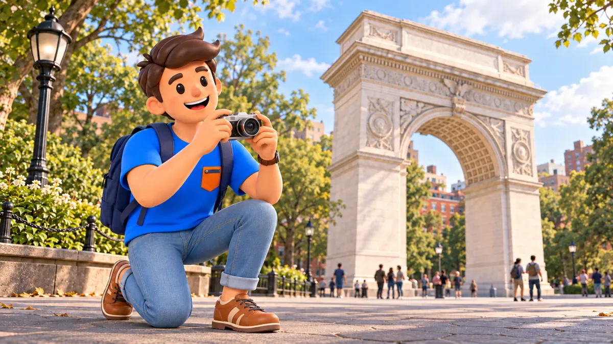 A traveler holding a camera kneels on one knee with Washington Square Arch behind him.