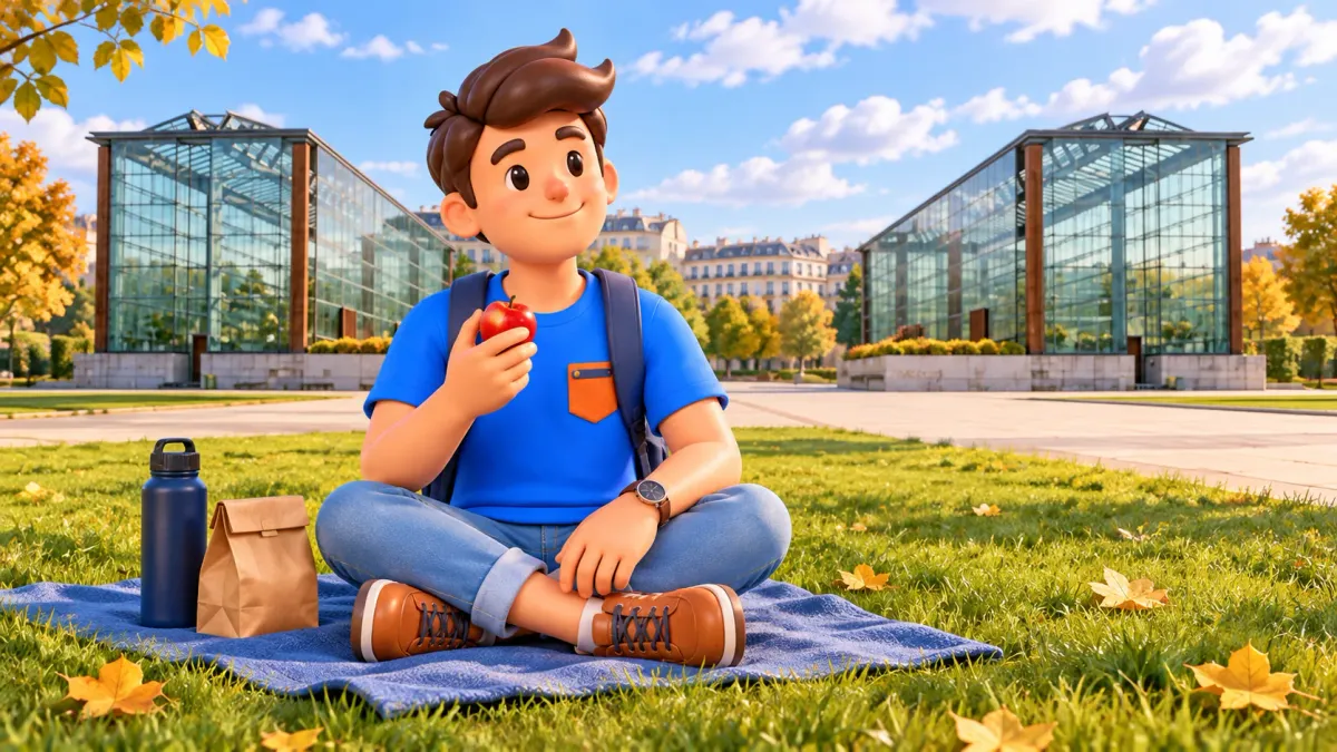 Traveler resting with an apple in front of the glass greenhouses in Parc André Citroën