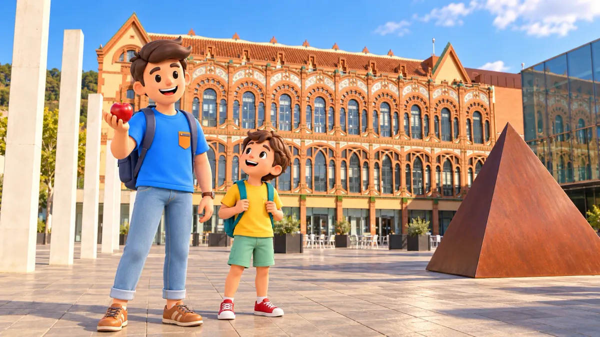 Illustration of a traveller and child outside CosmoCaixa’s historic building.