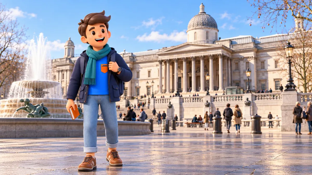 Illustration d’un voyageur en tenue d’hiver devant la façade de la National Gallery sur Trafalgar Square
