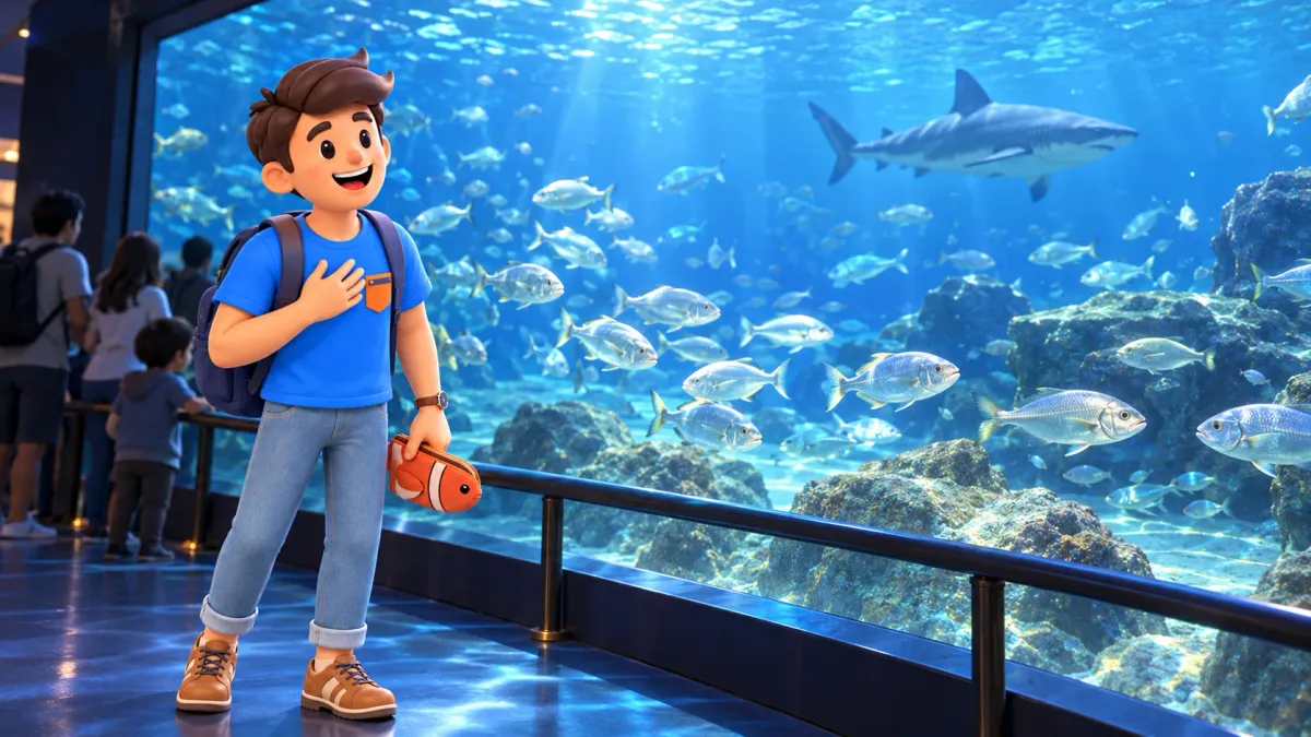 Illustration of a traveller holding a fish-shaped pencil case beside a large aquarium viewing window in Barcelona.