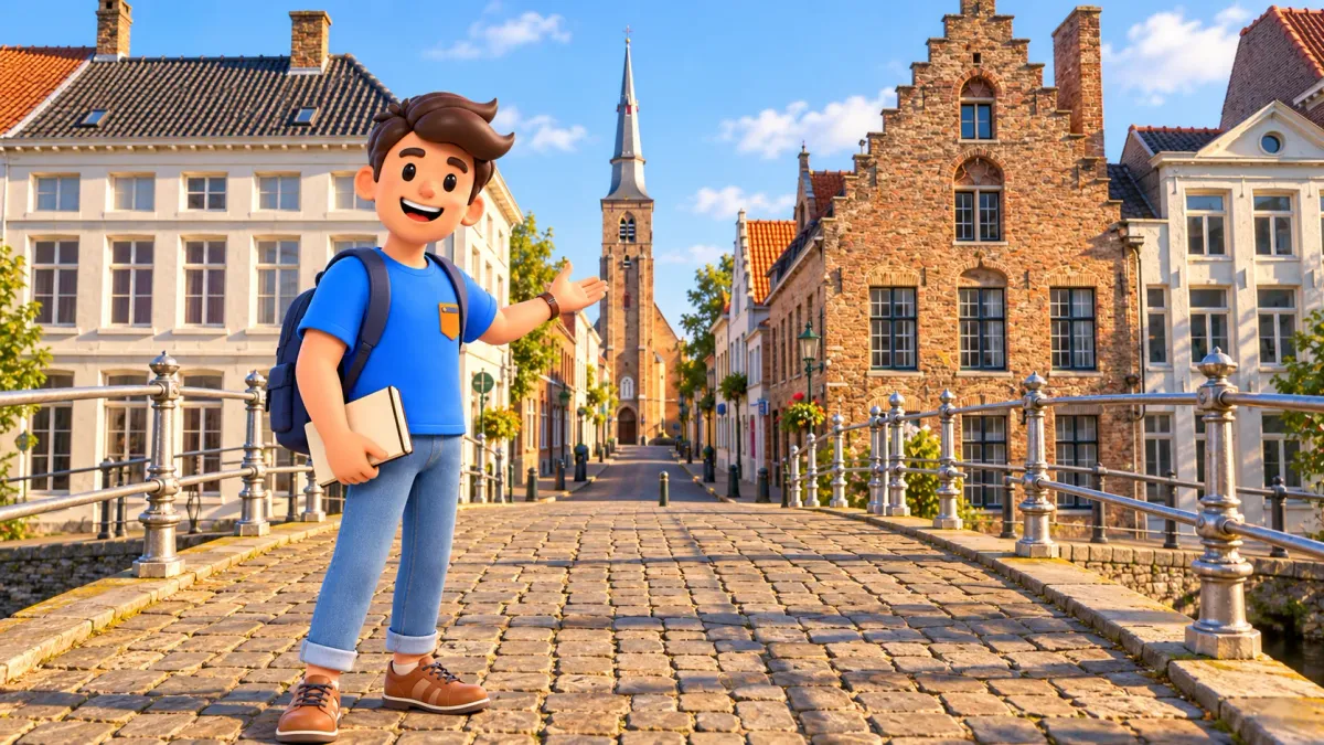 Personnage avec un carnet sur le pont Sint-Annabrug, devant l’église et les maisons de Bruges