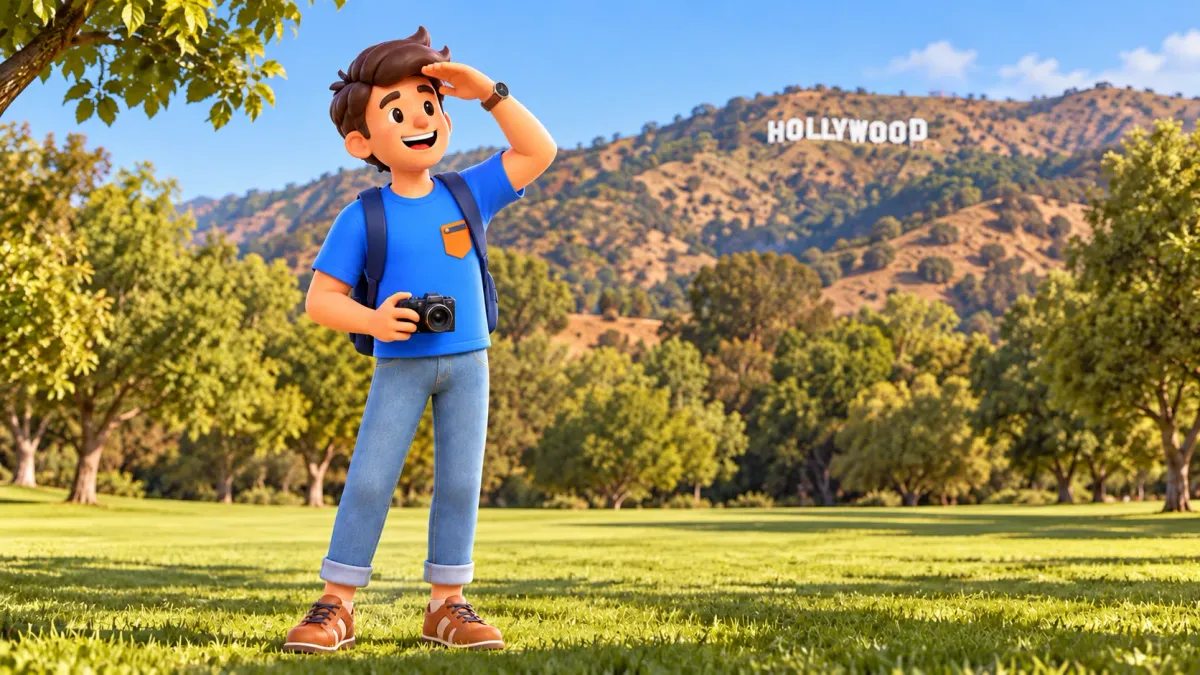 Un viajero mira el letrero de Hollywood desde el césped.