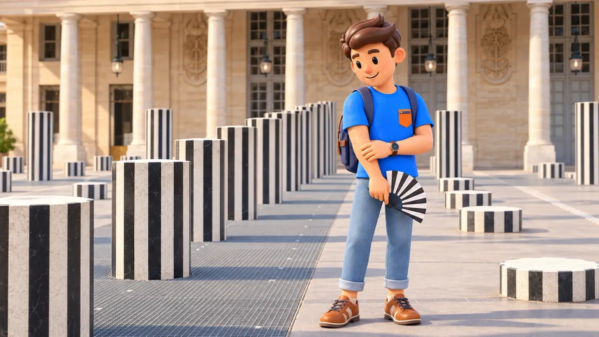 Die Figur hält einen gestreiften Fächer neben Burens Säulen im Palais-Royal.