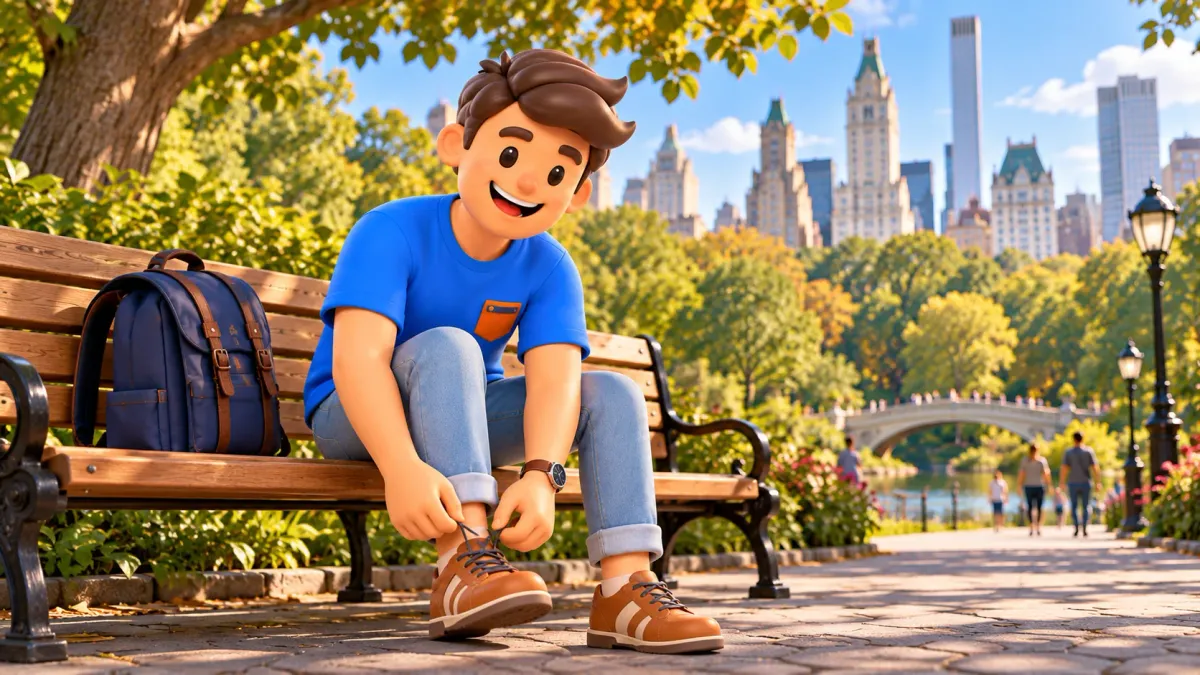 El personaje se ata un cordón antes de pasear por Central Park