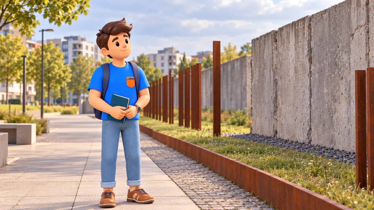 Ilustración de un viajero con un cuaderno cerrado junto a un muro de hormigón y postes de acero.
