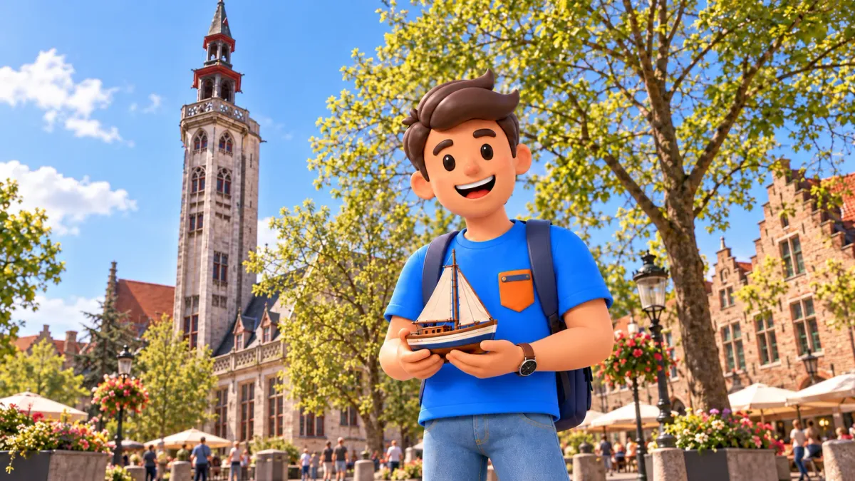 Character holding a small model sailing boat with the Burghers’ Lodge tower behind