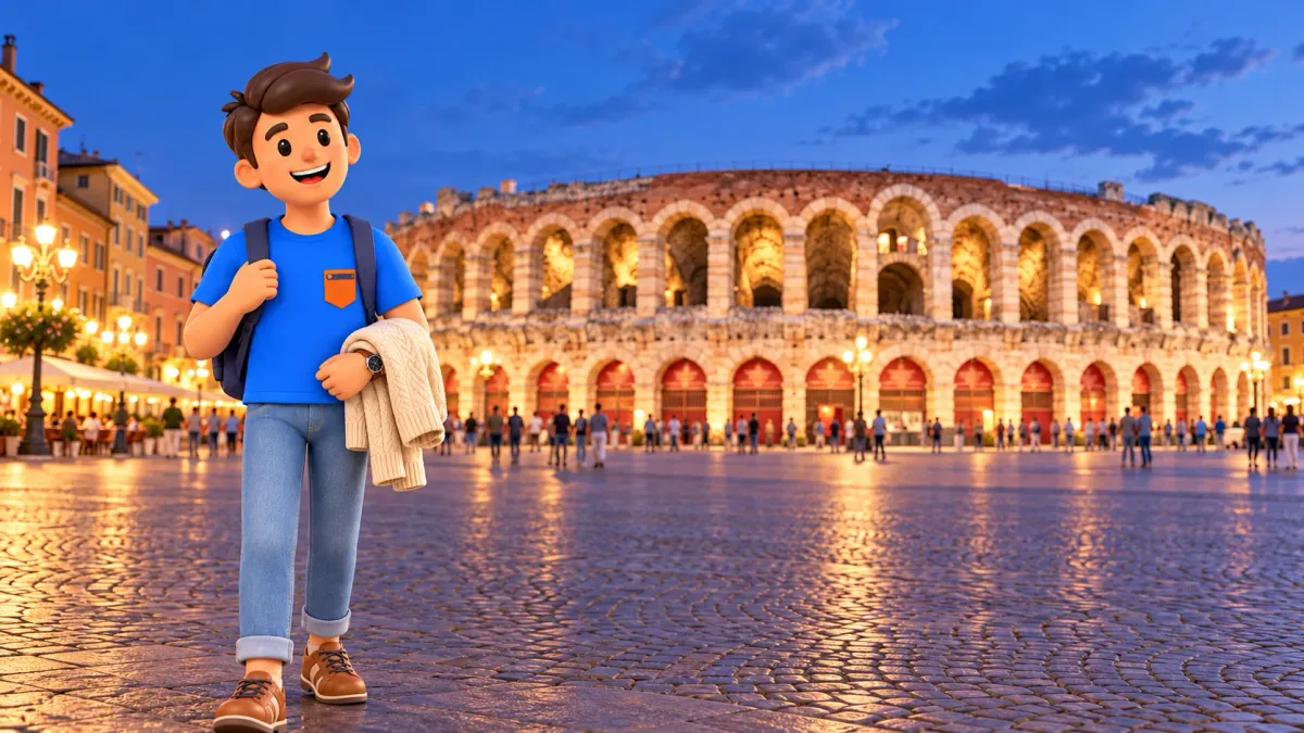 Character carrying a cardigan in front of Verona Arena at blue hour