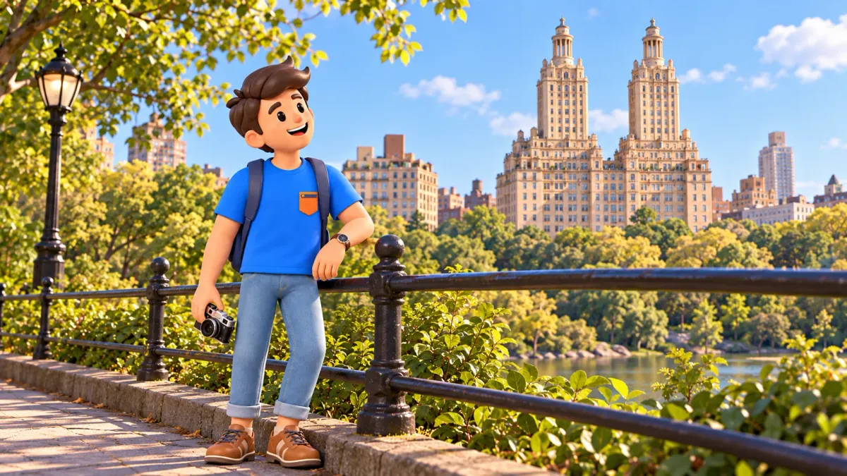 Voyageur avec un appareil photo près d’une grille de parc devant les tours jumelles stylisées du San Remo.