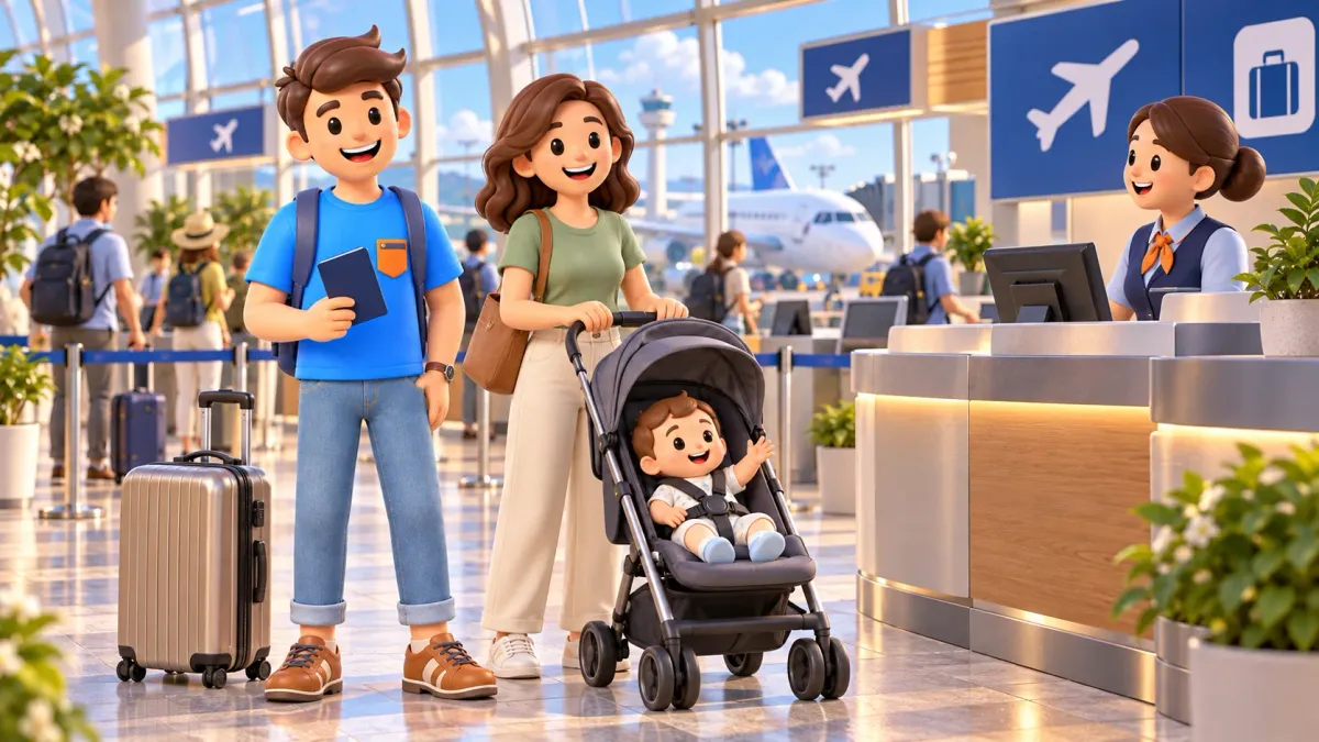Reisende bereiten mit einem Baby im Kinderwagen den Check-in am Flughafen vor.