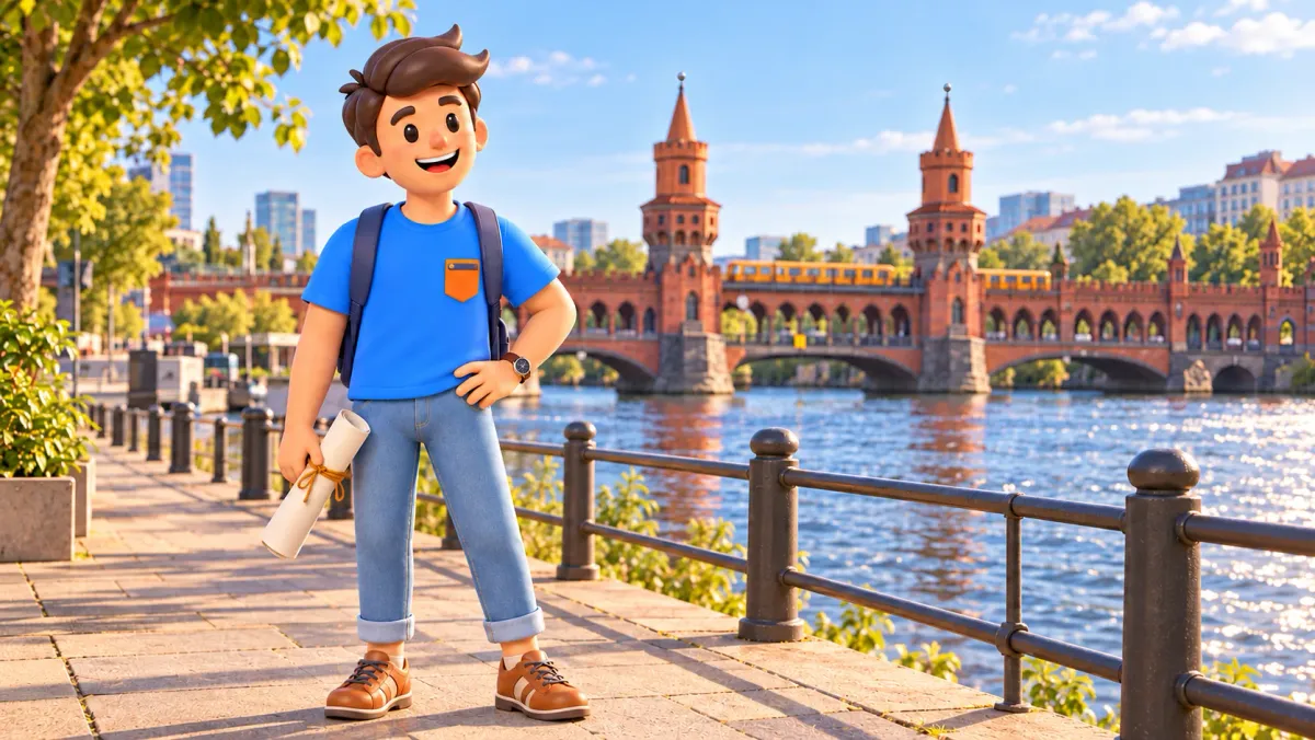 Illustration eines Reisenden mit gerolltem Blatt vor einer Backsteinbrücke mit zwei Türmen über der Spree.