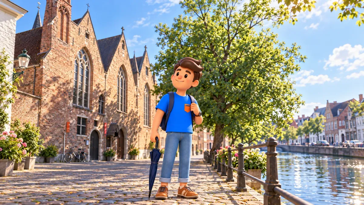 Personaje con un paraguas cerrado ante la iglesia de ladrillo de la Potterie junto al canal