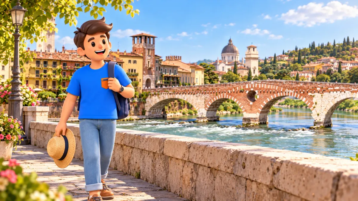Character carrying a straw hat on the riverside before Ponte Pietra