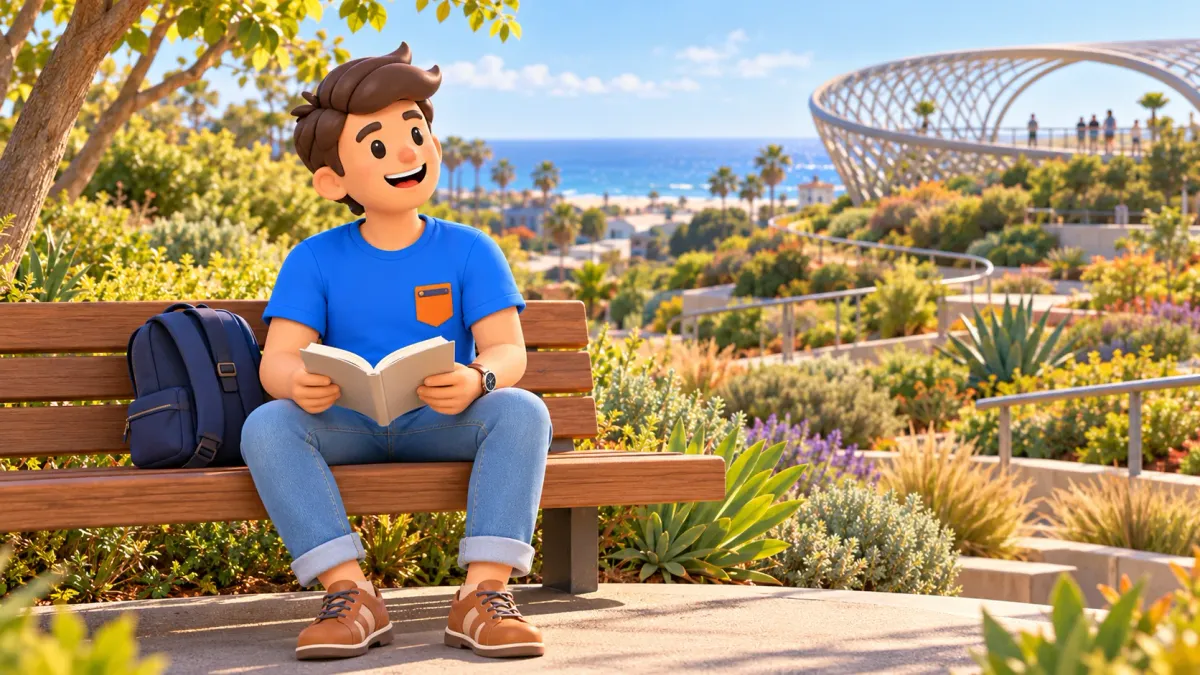 Un viajero con un libro en un banco de un parque costero.