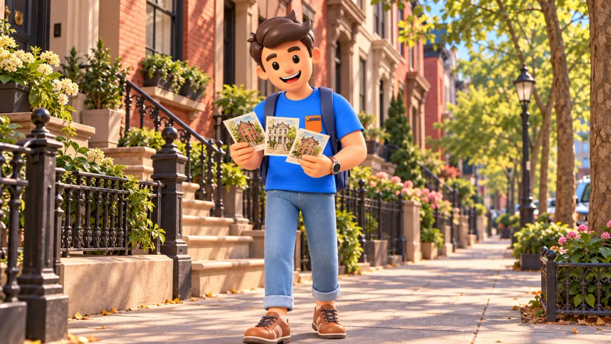 Die Figur hält Hauspostkarten in einer Straße von Brooklyn Heights