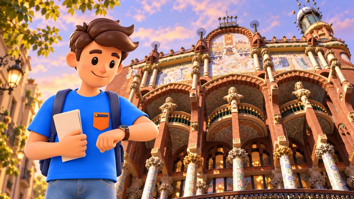 Illustration of a traveller checking his watch before a concert beside the Palau’s historic façade.