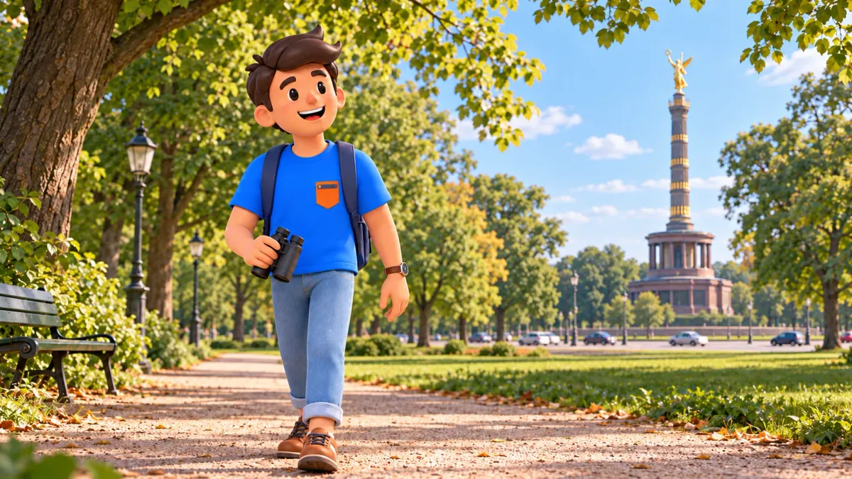 Ilustración de un viajero con prismáticos en el parque y la Columna de la Victoria al otro lado de la calle.
