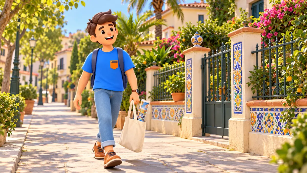 A traveler carrying a tote walks on public pavement beside a closed decorated fence.