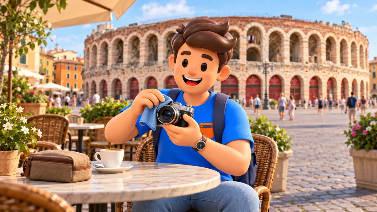 Personnage nettoyant un appareil avec un chiffon à une table devant les arènes de Vérone