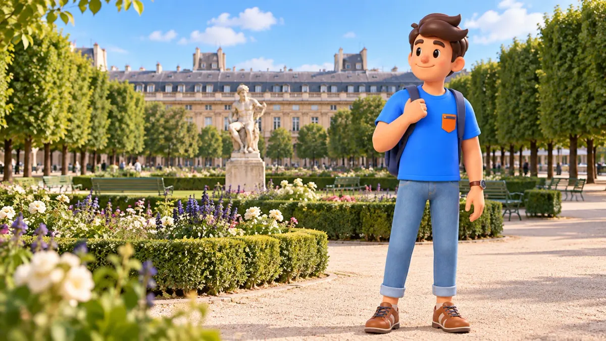 Le personnage RoadMe tient la bretelle de son sac sur une allée du jardin du Palais-Royal.