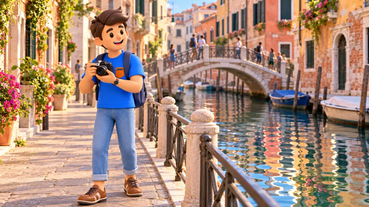 Conceptual illustration of a photo walk with a camera beside a Venetian canal