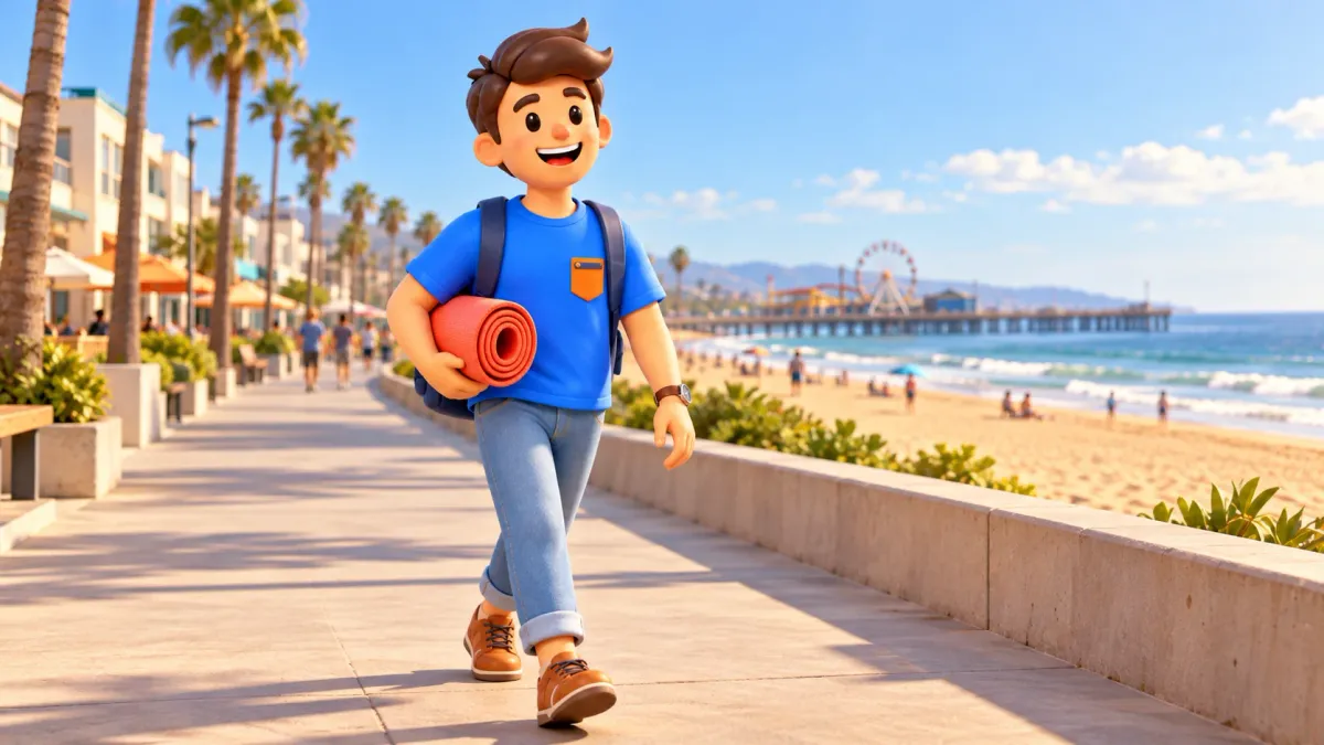 Reisender mit Strandmatte auf einer Küstenpromenade