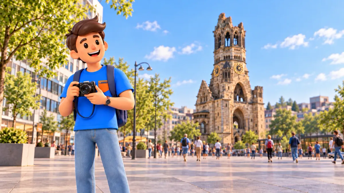 Illustration eines Reisenden mit Kamera auf einem Stadtplatz vor einem beschädigten Steinturm.