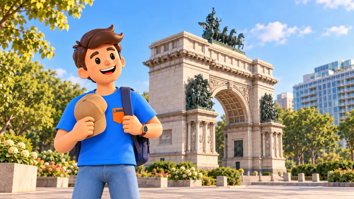 Ein Reisender mit einer Kappe blickt zum Steinbogen der Grand Army Plaza auf.