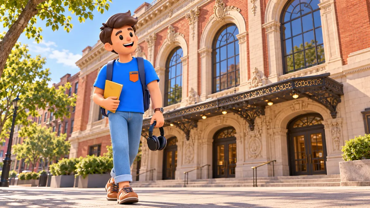 Voyageur avec casque audio et livret jaune devant une façade stylisée de BAM aux fenêtres cintrées.