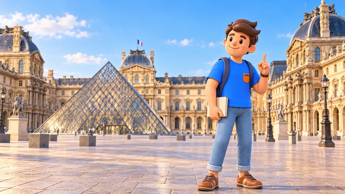 Mascot holding a closed museum guide and raising one finger beside the Louvre Pyramid