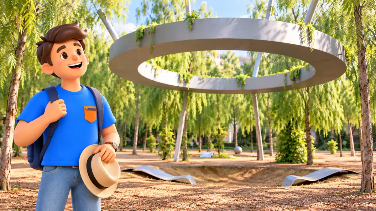 Ilustración de un viajero con sombrero de paja bajo un anillo metálico del Parc del Centre del Poblenou.