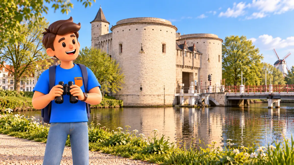 Character holding binoculars at chest height with Kruispoort and the water behind him