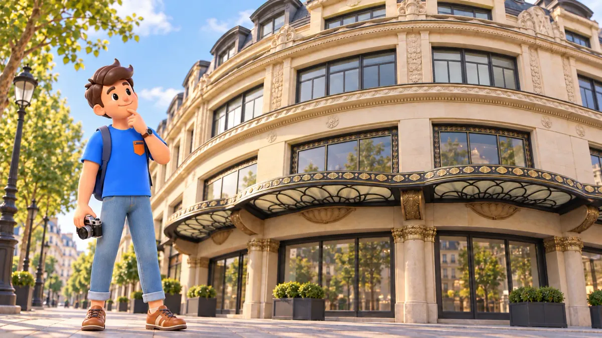 Un voyageur avec un appareil photo observe la façade courbe et la marquise du Bon Marché