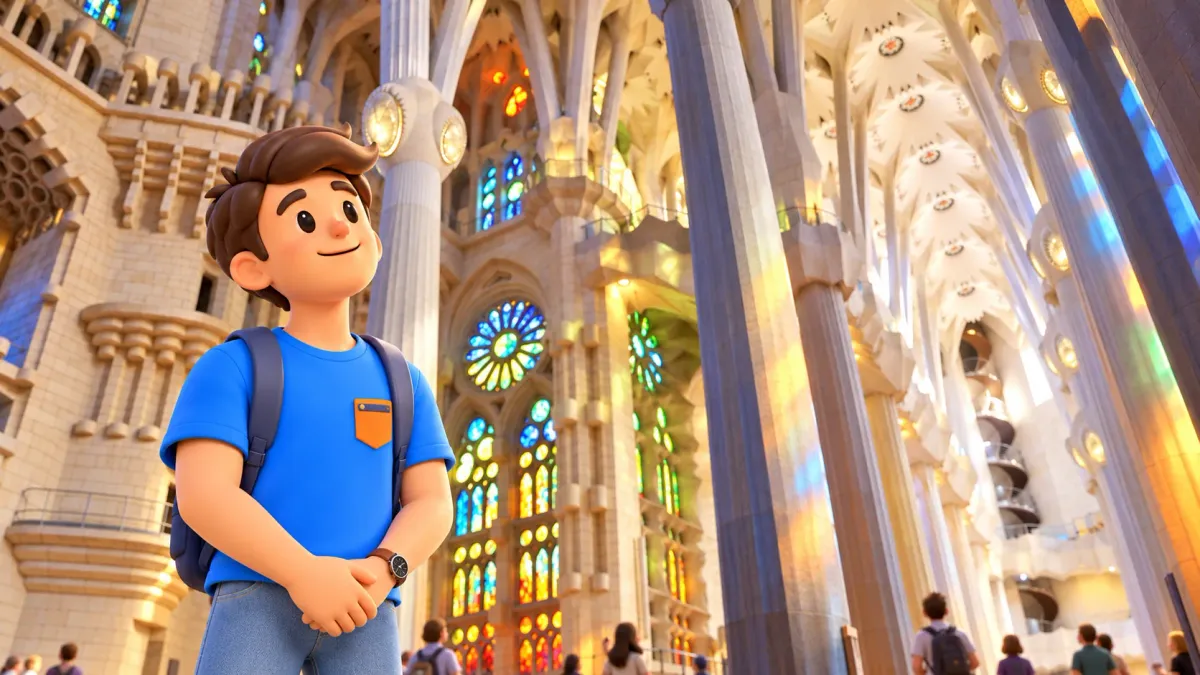 Illustration d’un voyageur regardant les colonnes et les vitraux colorés dans la Sagrada Família.