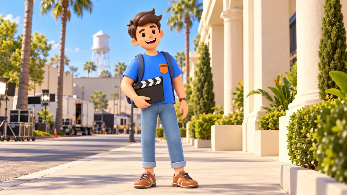 Traveler holding a clapboard outside a stylized film studio