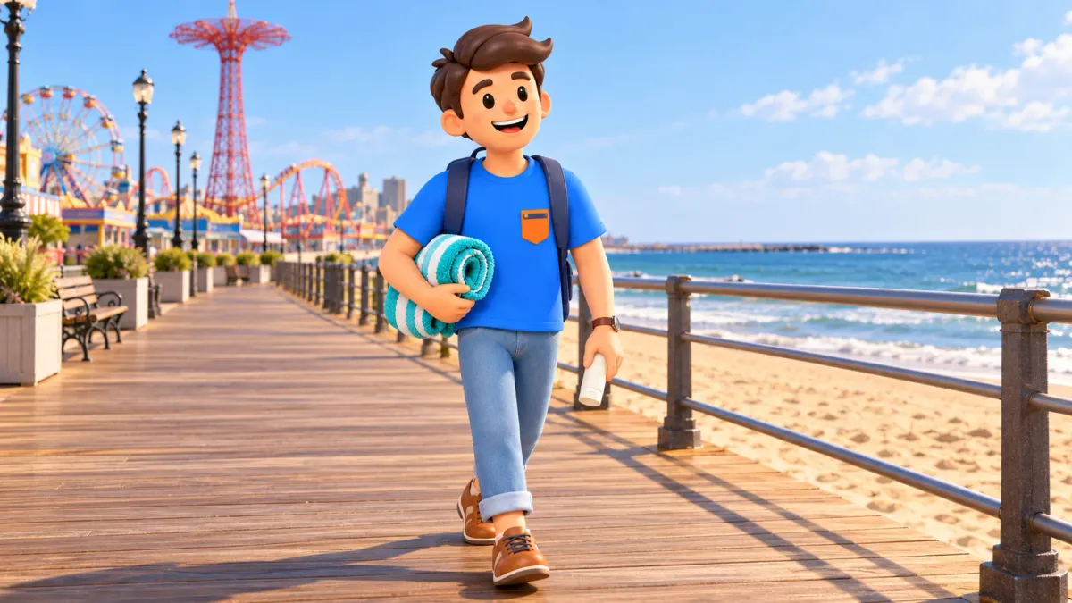 Traveler carrying a towel and pale tube on the Coney Island boardwalk between the sea and stylized rides.