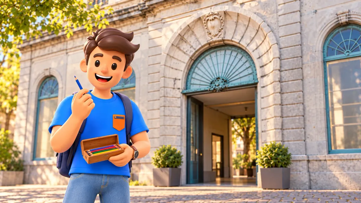 Personnage avec une boîte de crayons devant la façade historique du musée Groeninge