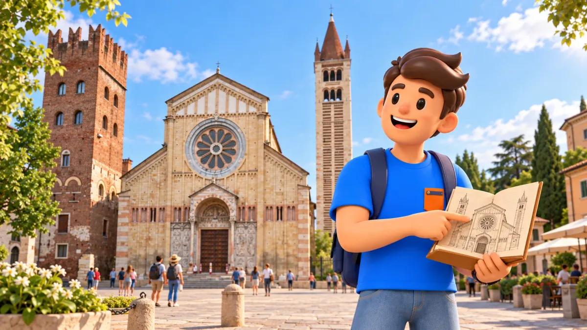 Personaje con un libro de arquitectura ante la basílica de San Zeno en Verona