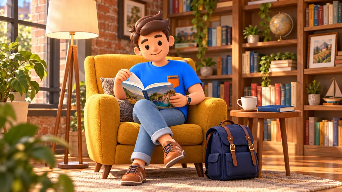 Viajero leyendo en un sillón acogedor antes de un paseo literario