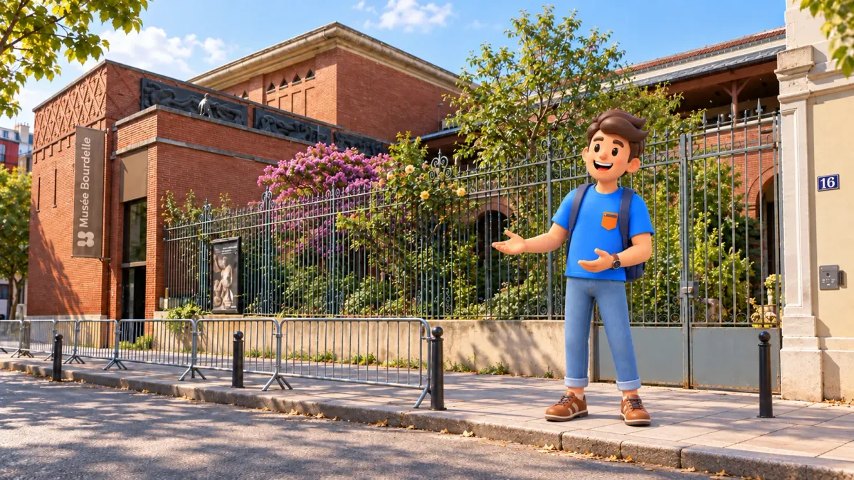 RoadMe character with open palms on the pavement outside Musée Bourdelle’s brick frontage.