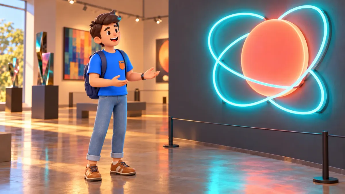 Traveler admiring abstract light art in a stylized gallery